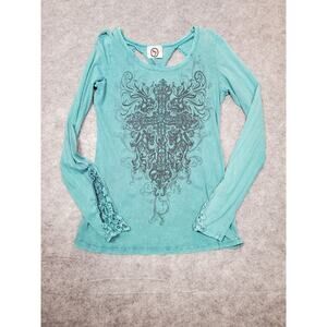 For The Journey Women's L Green Bling Cross Cut Out Back Long Sleeve Shirt